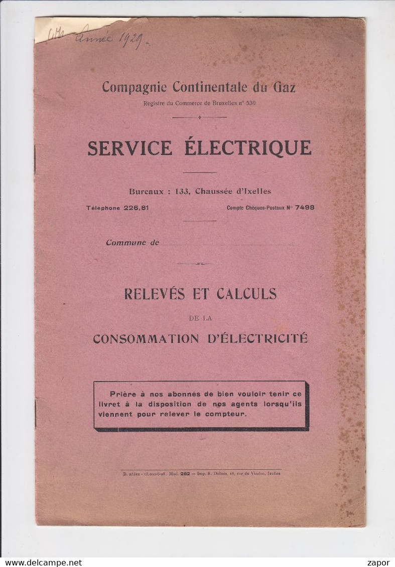 Compagnie Continentale Du Gaz - Service Electrique - Consommation - Ixelles / Elsene - 1929 - Electricity & Gas