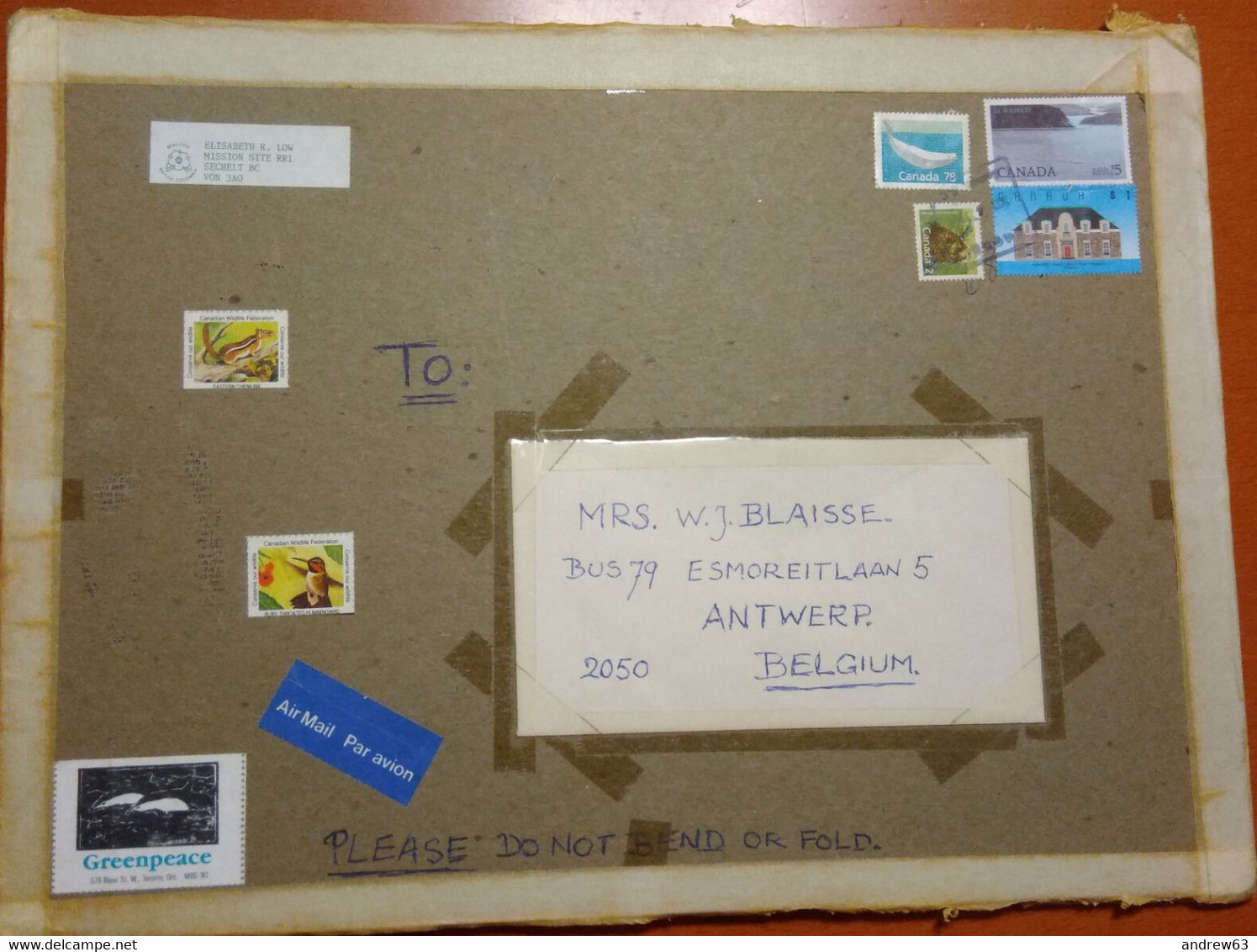 CANADA - 19?? - 4 Stamps + Cinderella - Big Envelope - Viaggiata Da Sechelt Per Antwerpen, Belgium - Storia Postale