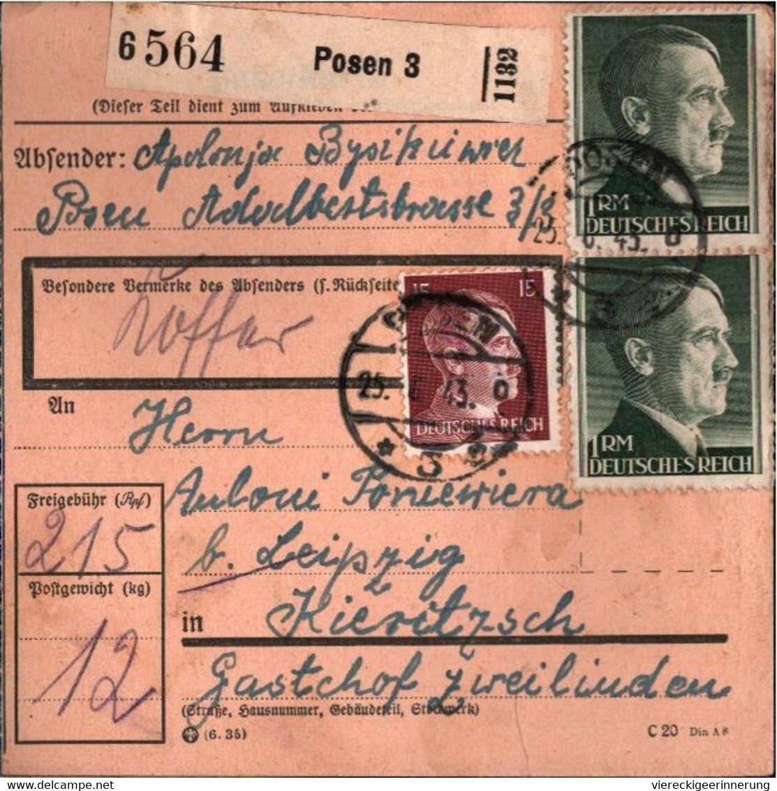 ! 1943 Posen Nach Kieritzsch, Landpoststempel, Paketkarte, Deutsches Reich, 3. Reich - Covers & Documents
