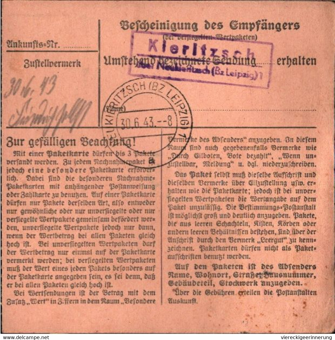 ! 1943 Posen Nach Kieritzsch, Landpoststempel, Paketkarte, Deutsches Reich, 3. Reich - Covers & Documents