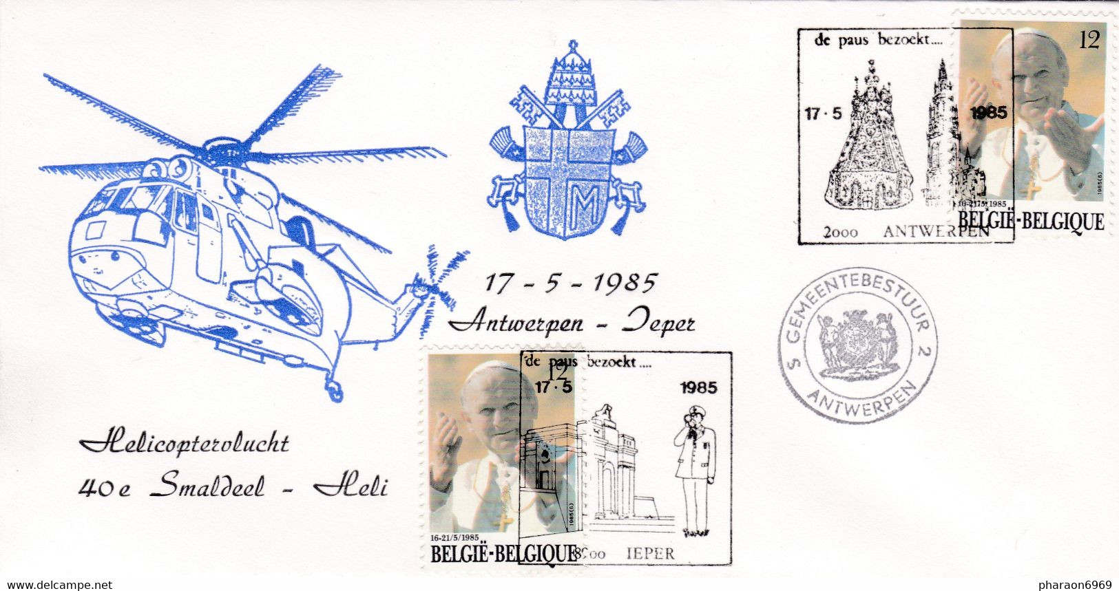 Enveloppe 2166 S.S. Pape Jean-Paul II Hélicoptère Helicoptervlucht Antwerpen Ieper Gemeentebestuur Antwerpen - Cartas & Documentos