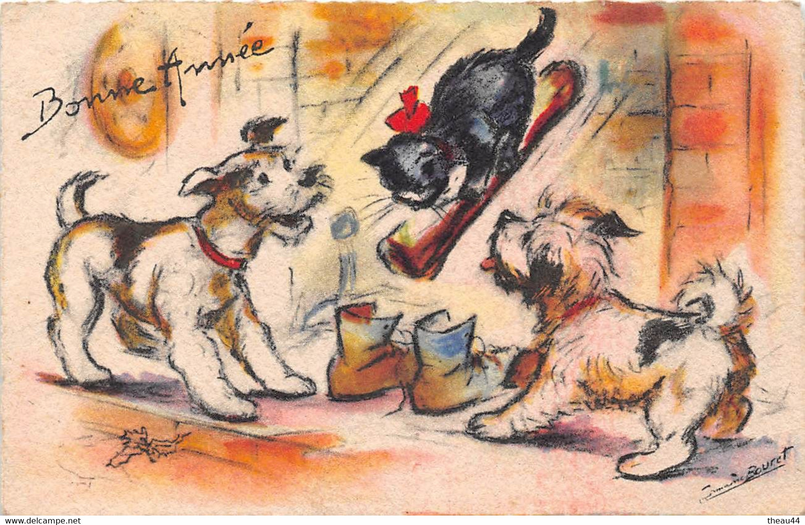 ¤¤    -   ILLUSTRATEUR   " Germaine BOURET "   -   Carte De " Bonne-Année "   -  Chiens Et Chat  -  Voir Descption - Bouret, Germaine