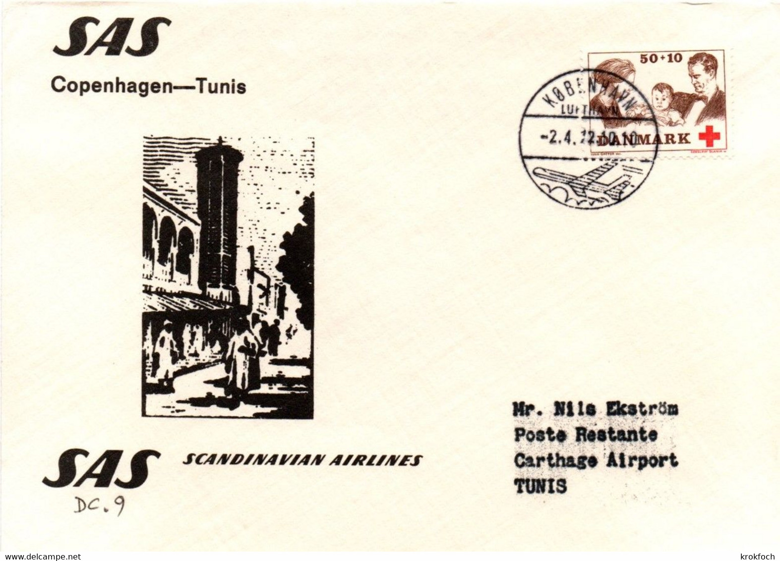 Copenhagen Tunis 1972 - SAS DC-9 - 1er Vol Erstflug First Flight Primer Vuelo Voo - Kobenhavn Tunisie - Franking Machines (EMA)