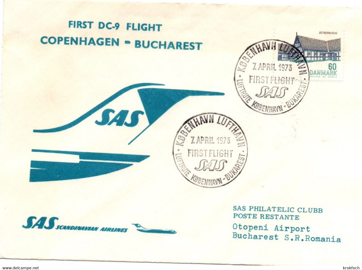 Kobenhavn Bukarest 1973 - SAS DC-9 - 1er Vol Erstflug First Flight Primer Vuelo Voo - Bucarest Romania - Macchine Per Obliterare (EMA)