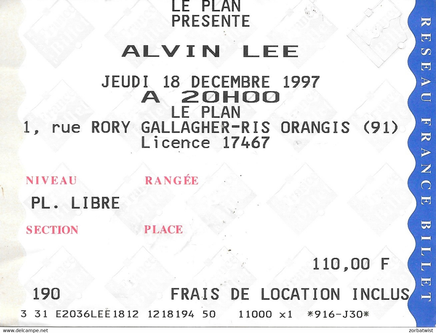 TICKET DE CONCERT ALVIN LEE LE PLAN 18/12/1997 - Concerttickets