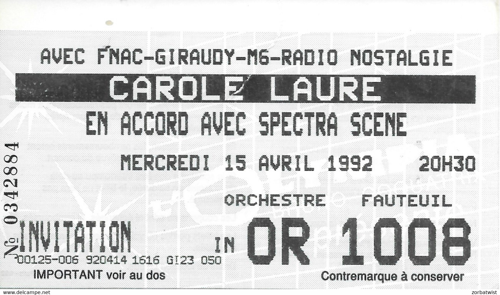 TICKET DE CONCERT CAROLE LAURE OLYMPIA 15/05/1992 - Konzertkarten