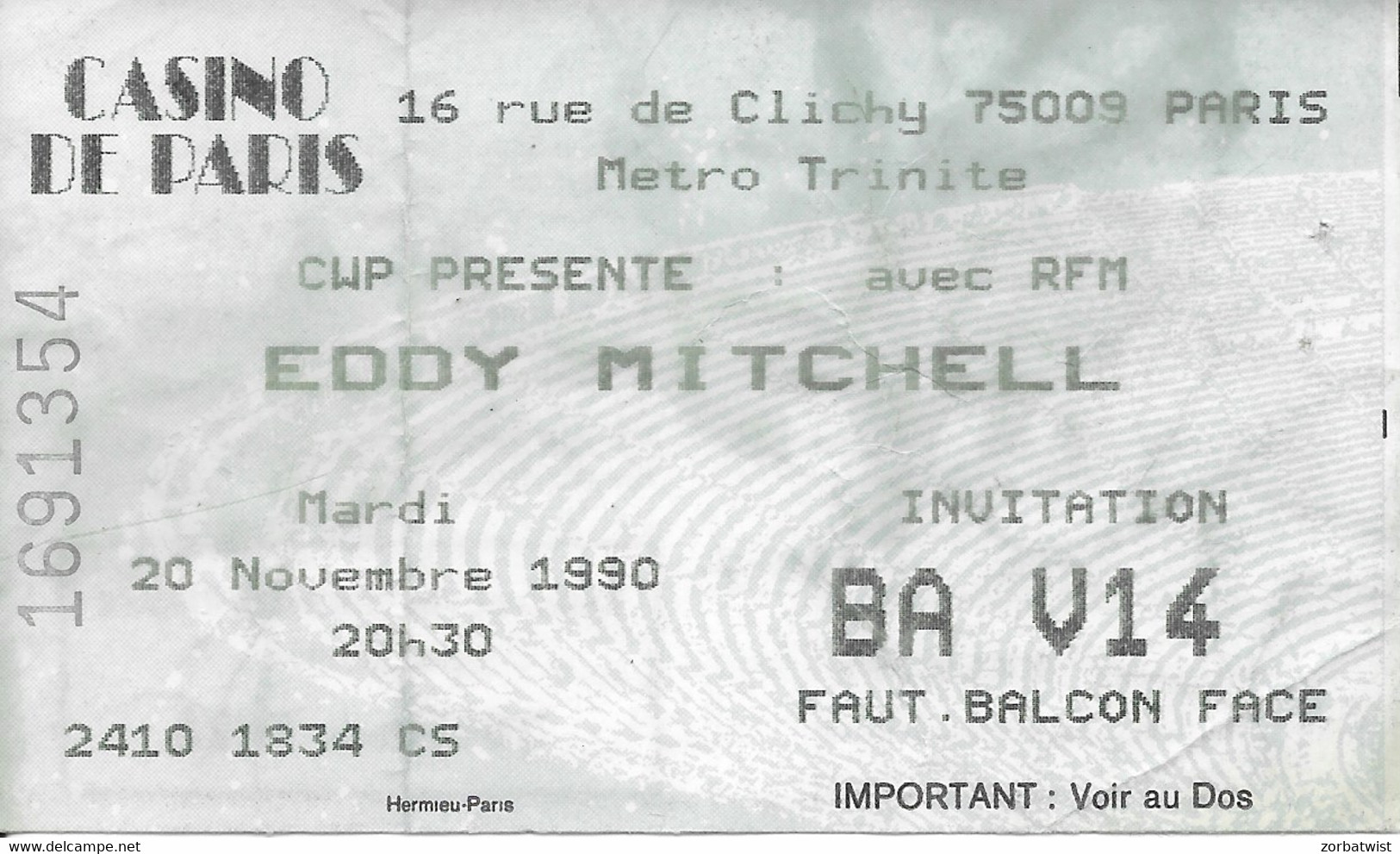 TICKET DE CONCERT EDDY MITCHELL CASINO DE PARIS 20/11/1990 - Concerttickets