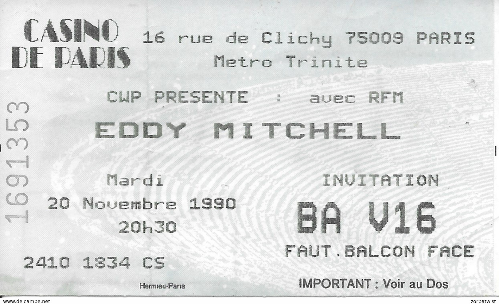 TICKET DE CONCERT EDDY MITCHELL CASINO DE PARIS 20/11/1990 - Konzertkarten