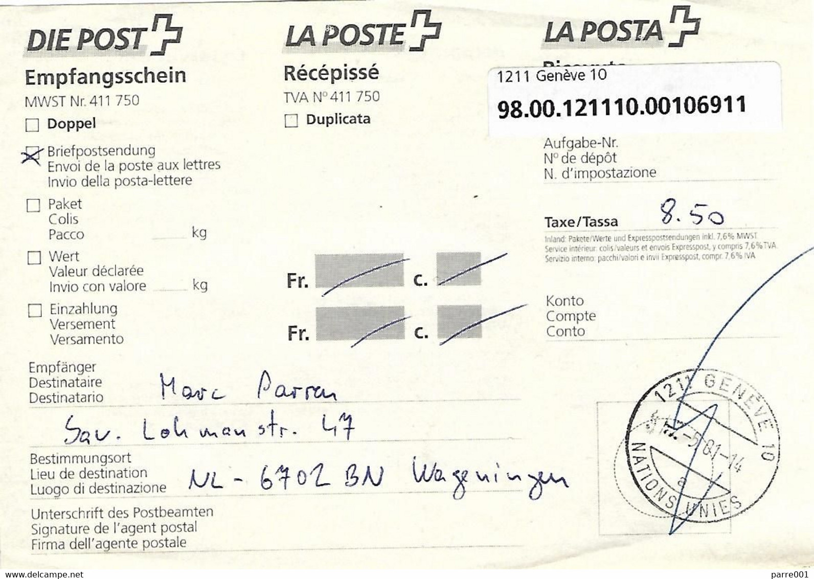 United Nations 2001 Geneve Switzerland Registered Letter Receipt - Briefe U. Dokumente