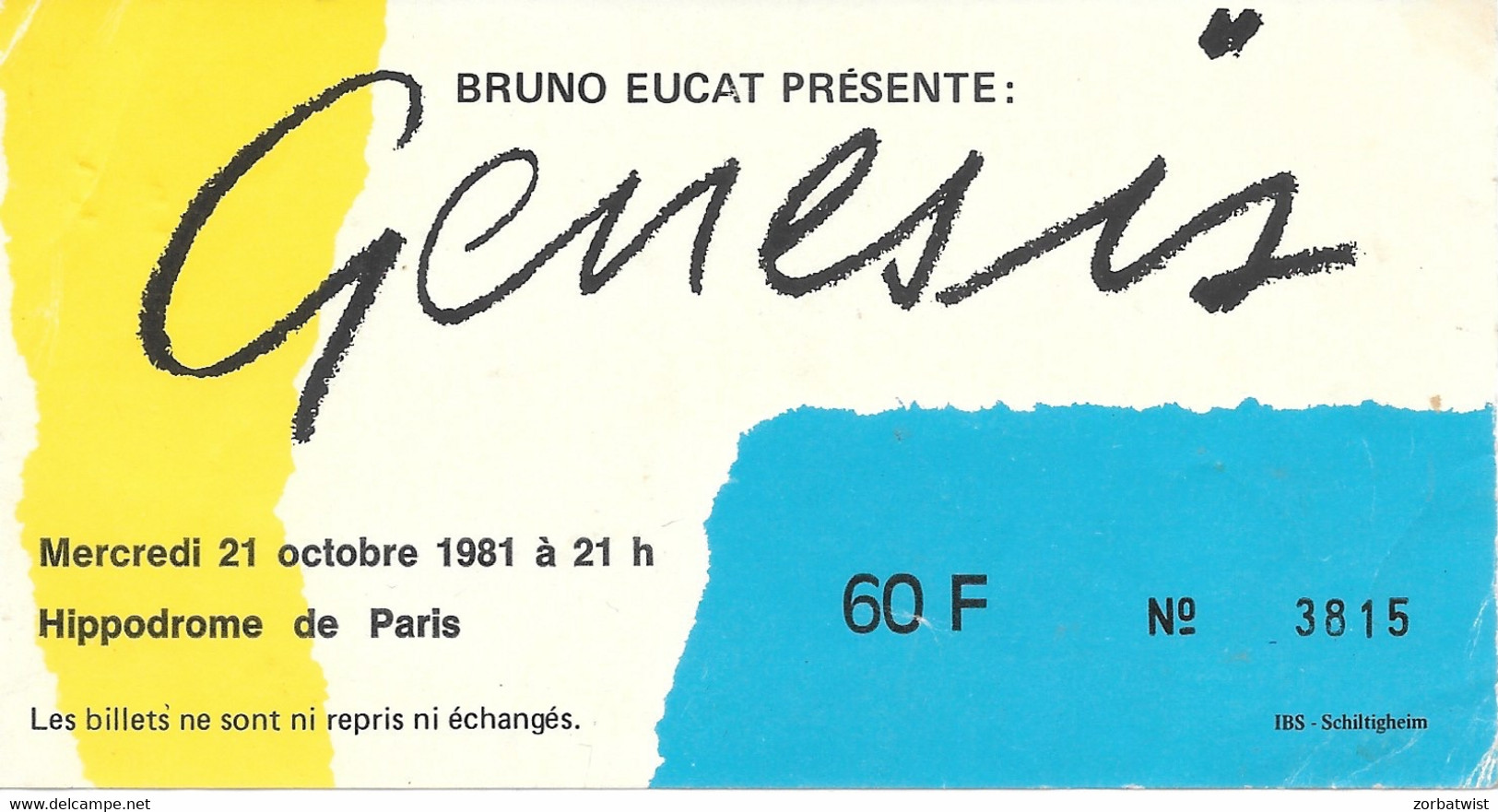 TICKET DE CONCERT GENESIS HIPPODROME DE PARIS 21/10/1981 - Entradas A Conciertos