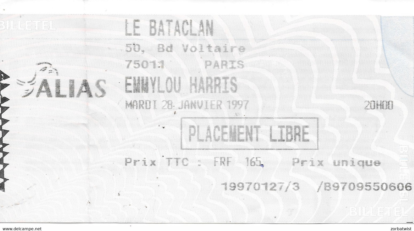 TICKET DE CONCERT HEMMYLOU HARRIS LE BATACLAN PARIS 28/01/1997 - Biglietti Per Concerti