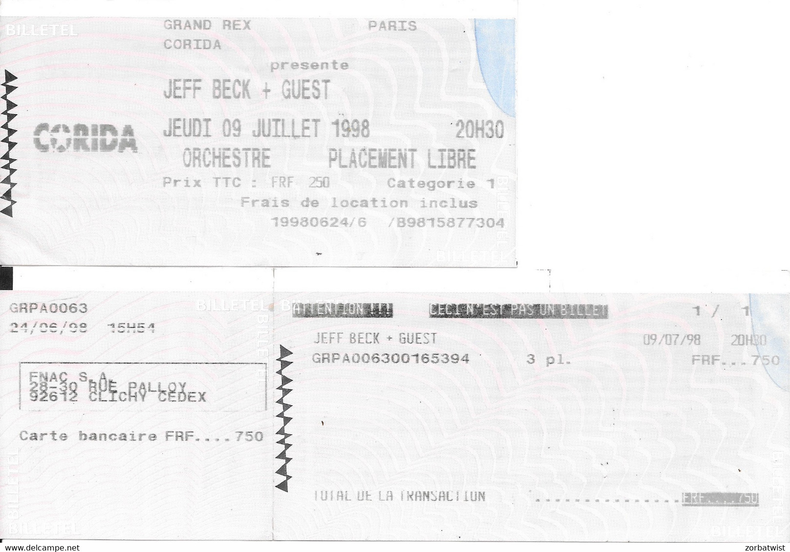 TICKET DE CONCERT JEFF BECK GRAND REX PARIS 9/07/1998 - Entradas A Conciertos