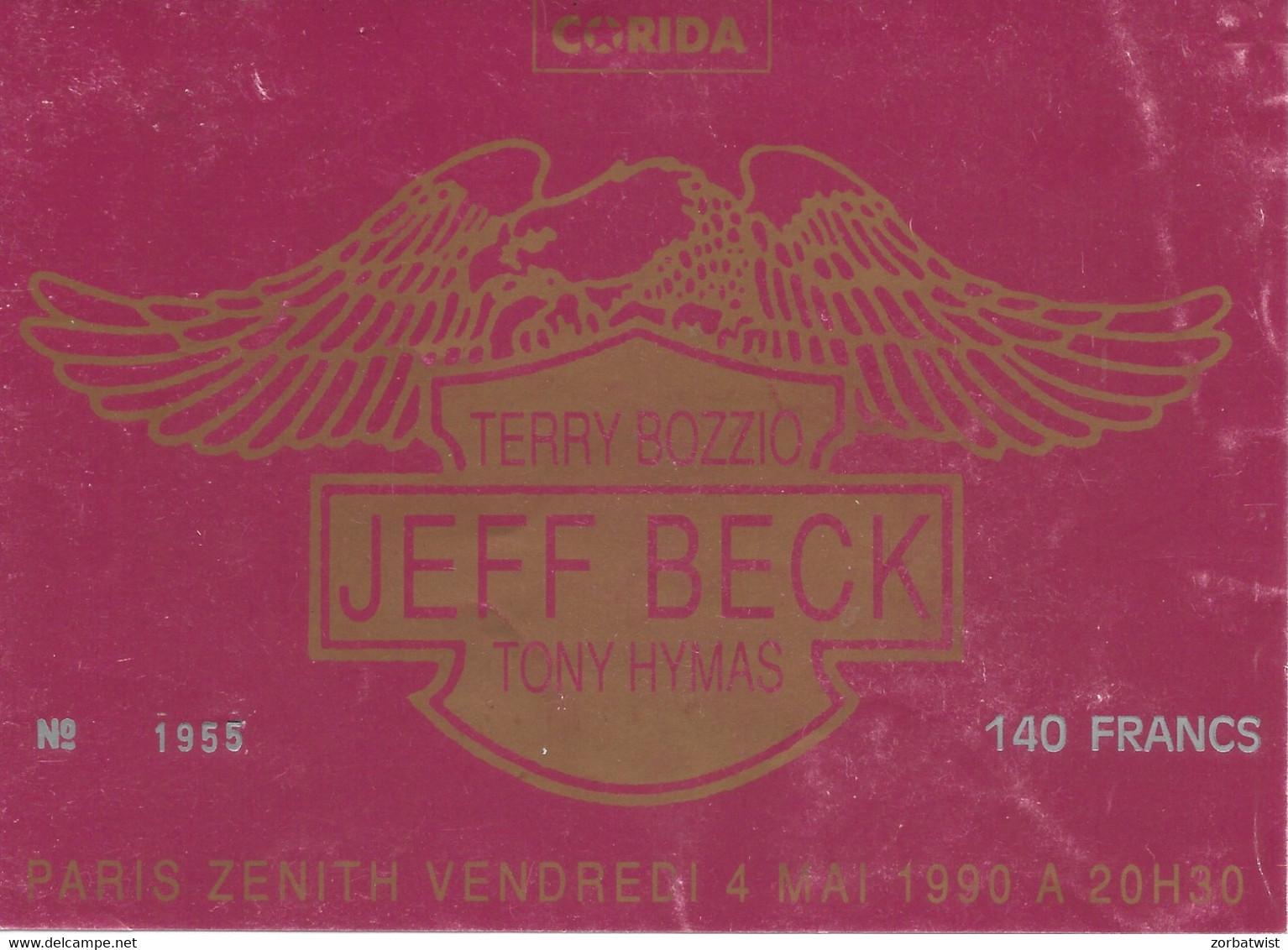 TICKET DE CONCERT JEFF BECK LE ZENITH PARIS 4/05/1990 - Biglietti Per Concerti