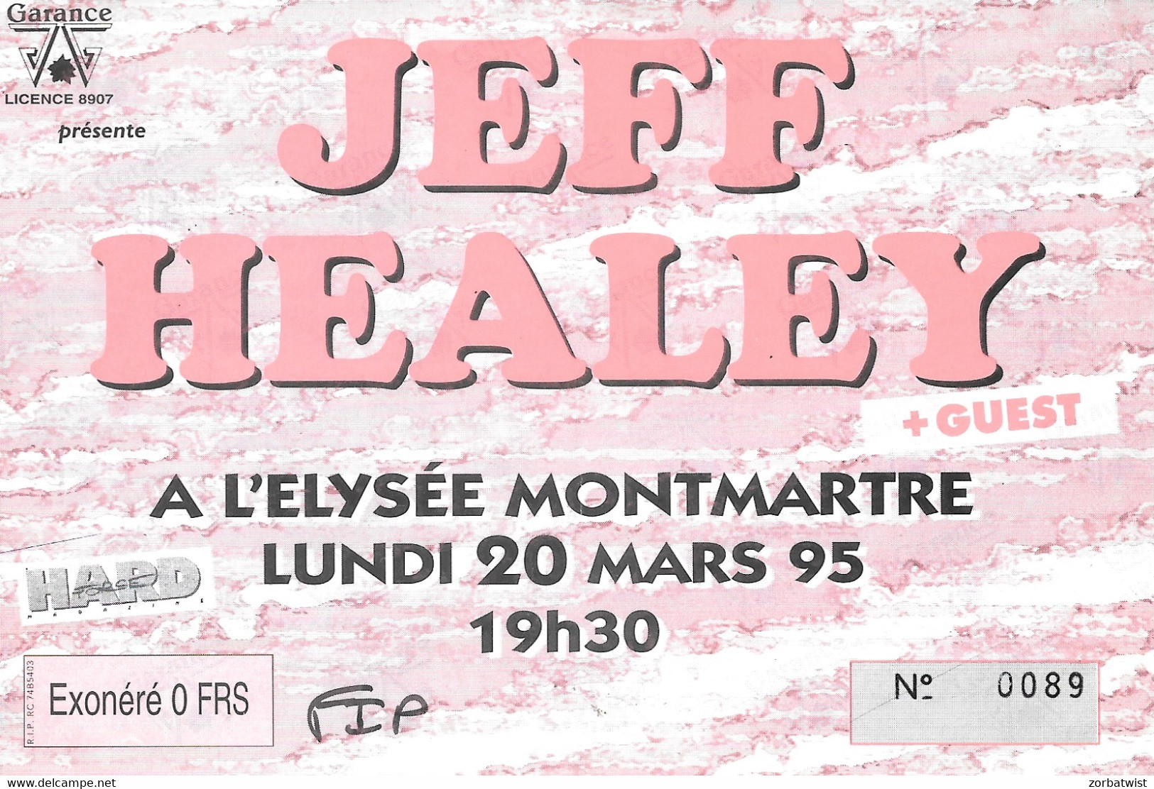 TICKET DE CONCERT JEFF HEALEY L'ELYSEE MONTMATRE PARIS 20/03/1995 - Tickets De Concerts