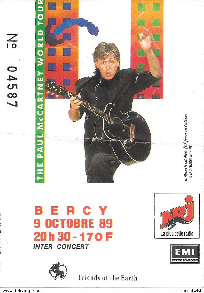 TICKET DE CONCERT PAUL MAC CARTNEY BERCY PARIS 9/10/1989 - Concert Tickets