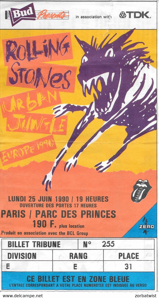 TICKET DE CONCERT THE ROLLING STONES PARC DES PRINCES PARIS 25/06/1990 - Konzertkarten