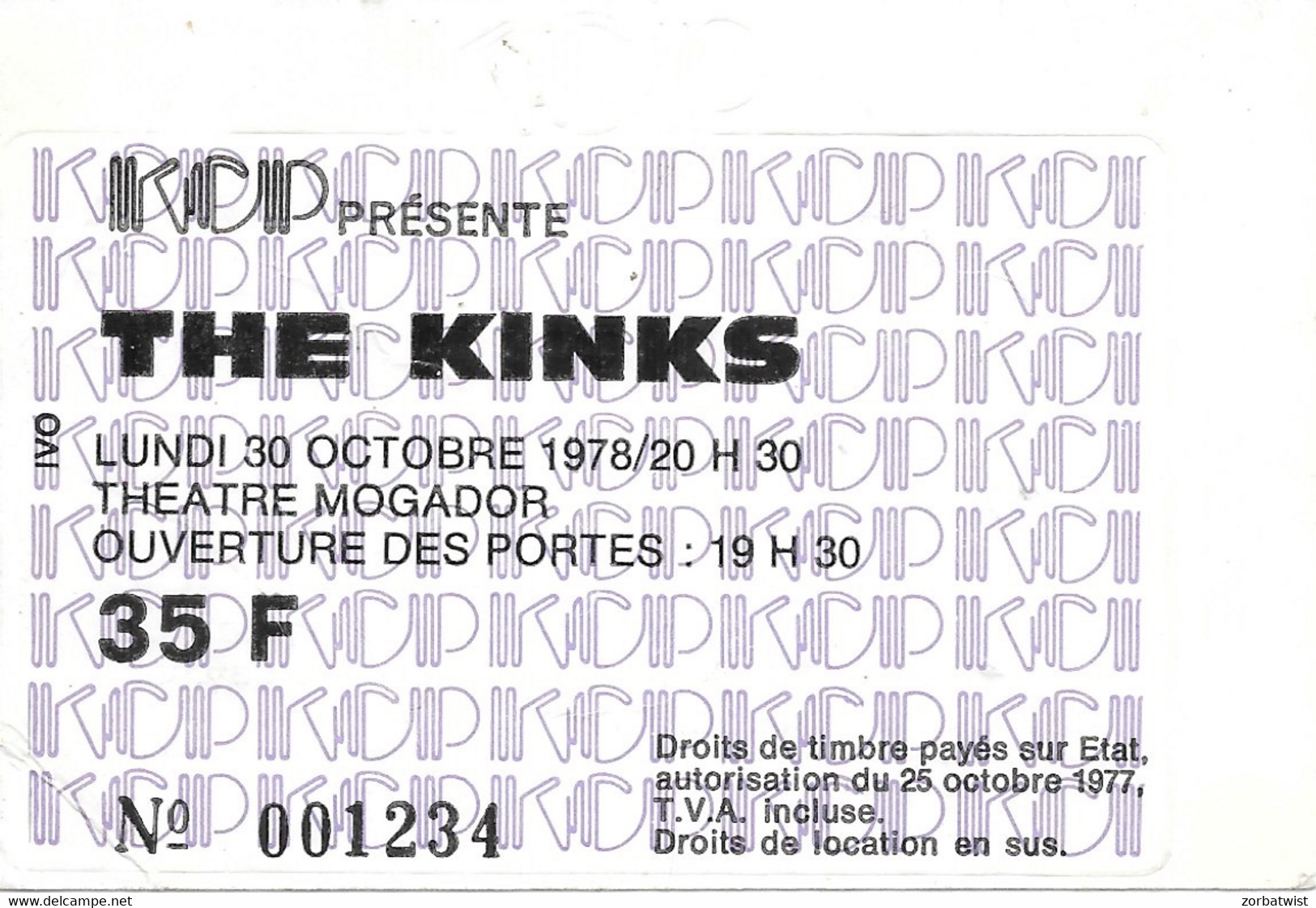 TICKET DE CONCERT THE KINKS THEATRE MOGADOR PARIS 30/10/1978 - Konzertkarten