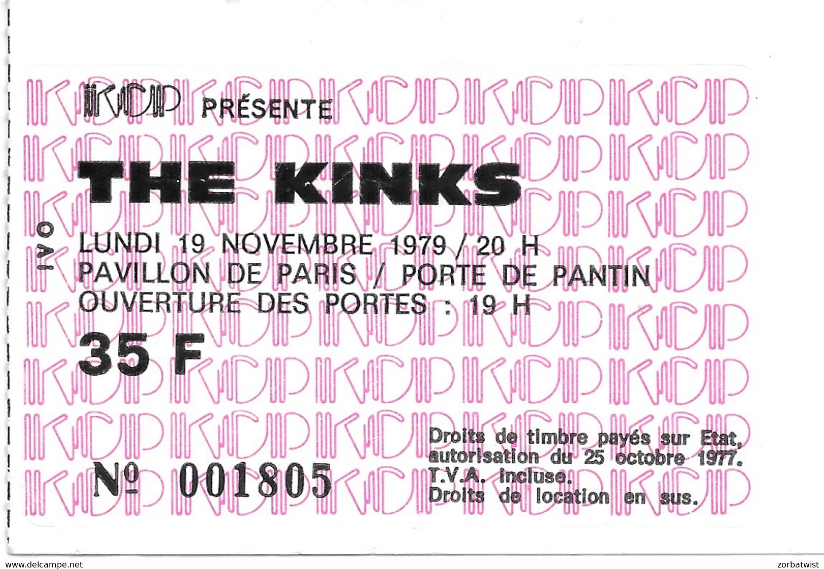 TICKET DE CONCERT THE KINKS PAVILLON DE PARIS 19/11/1979 - Konzertkarten