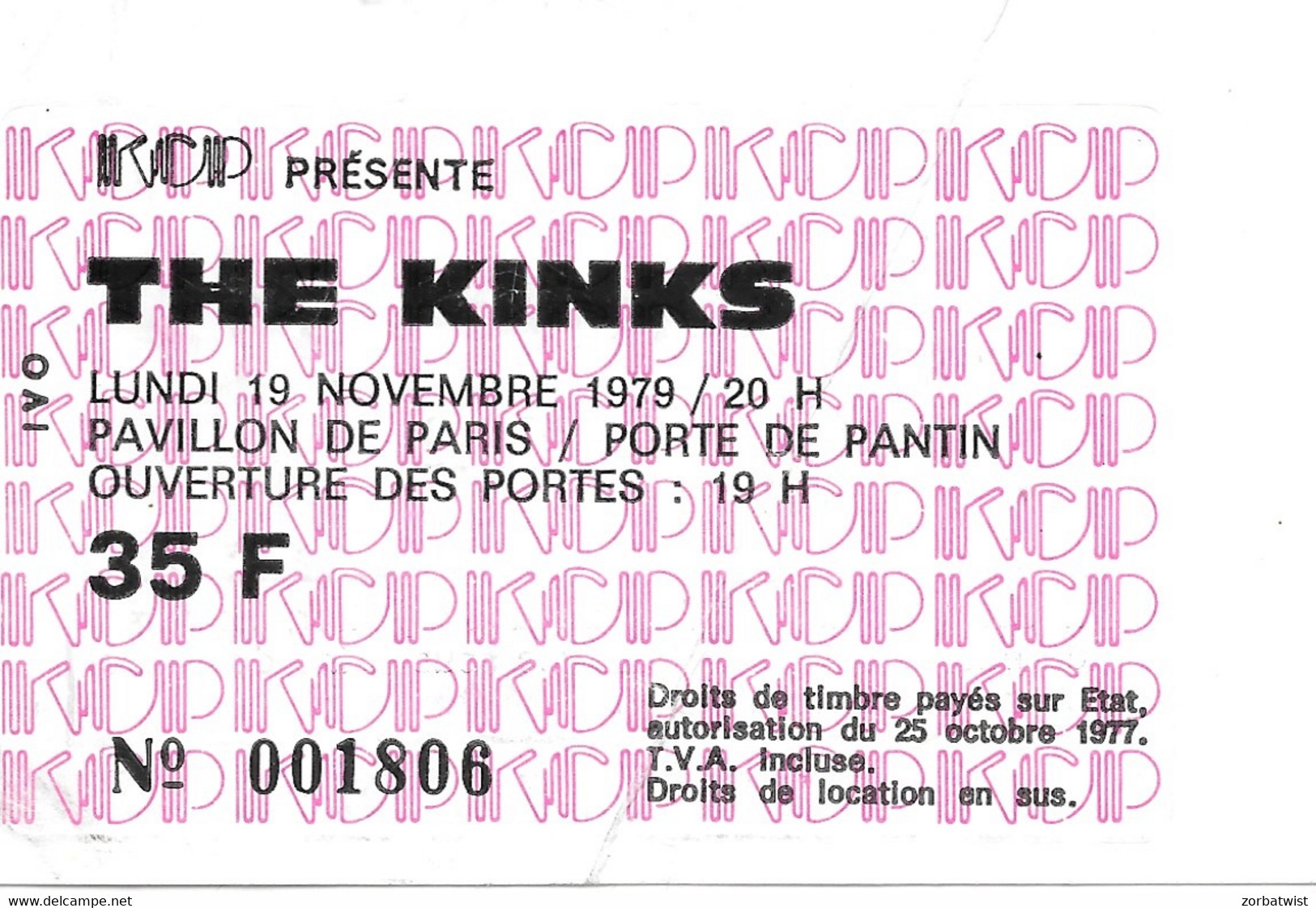 TICKET DE CONCERT THE KINKS PAVILLON DE PARIS 19/11/1979 - Concerttickets