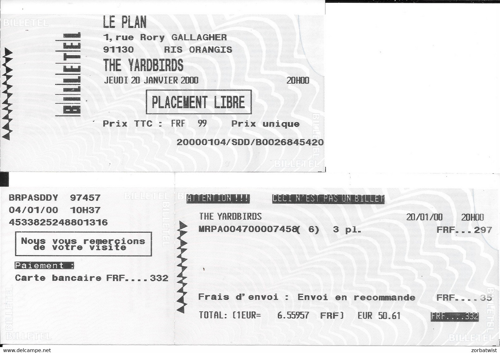 TICKET DE CONCERT THE YARDBIRDS LE PLAN RIS ORANGIS 20/01/2000 - Concerttickets