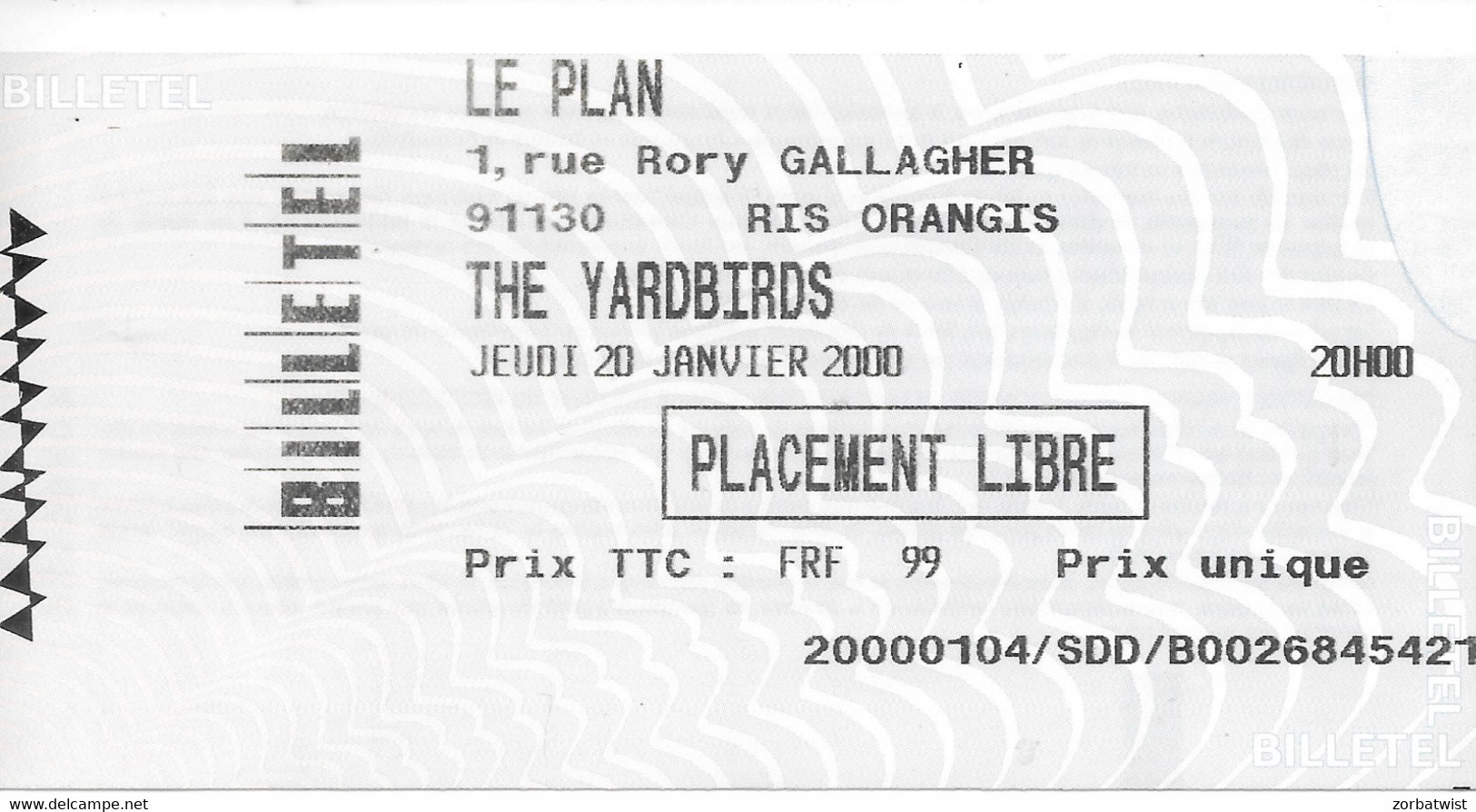 TICKET DE CONCERT THE YARDBIRDS LE PLAN RIS ORANGIS 20/01/2000 - Concert Tickets