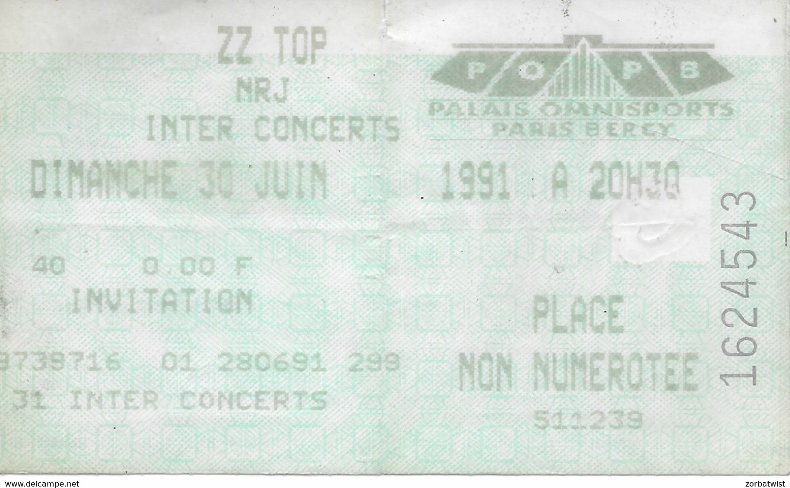 TICKET DE CONCERT ZZ TOP BERCY PARIS 30/06/1991 - Tickets De Concerts