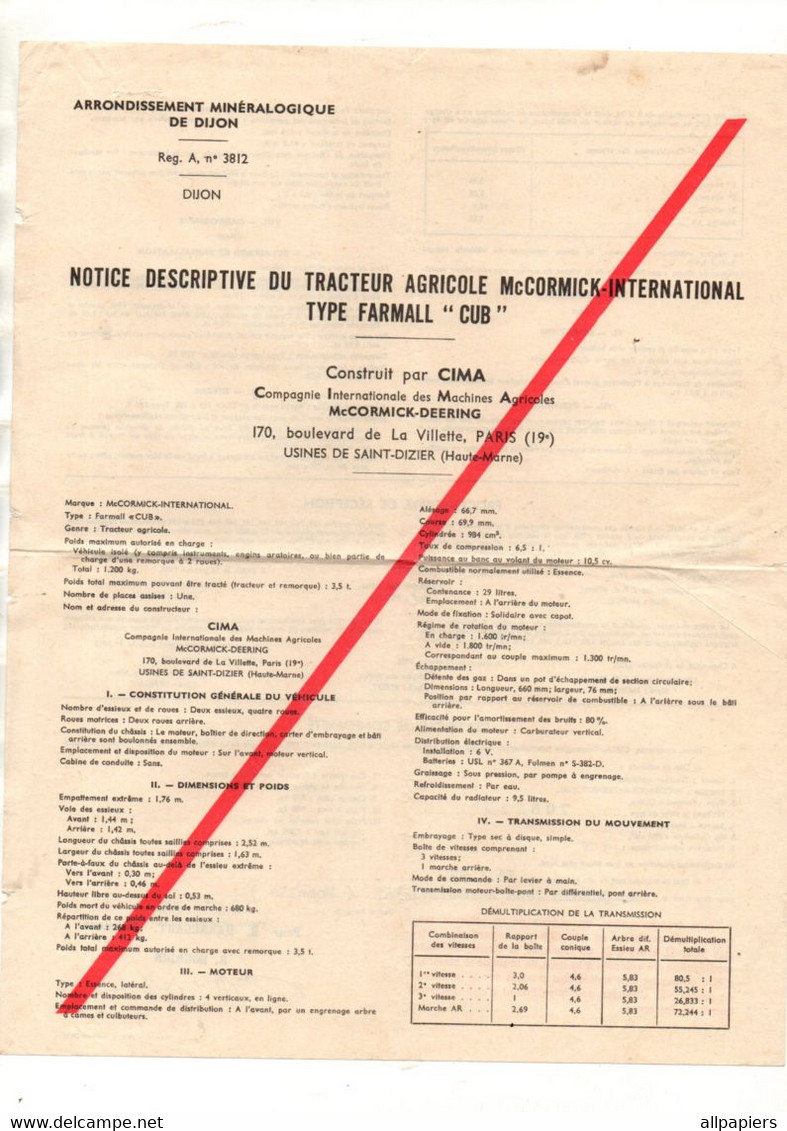 Notice Descriptive Du Tracteur Agricole Mc Cormick-International Type Farmall "CUB" Construit Par CIMA En 1957 - Tractors