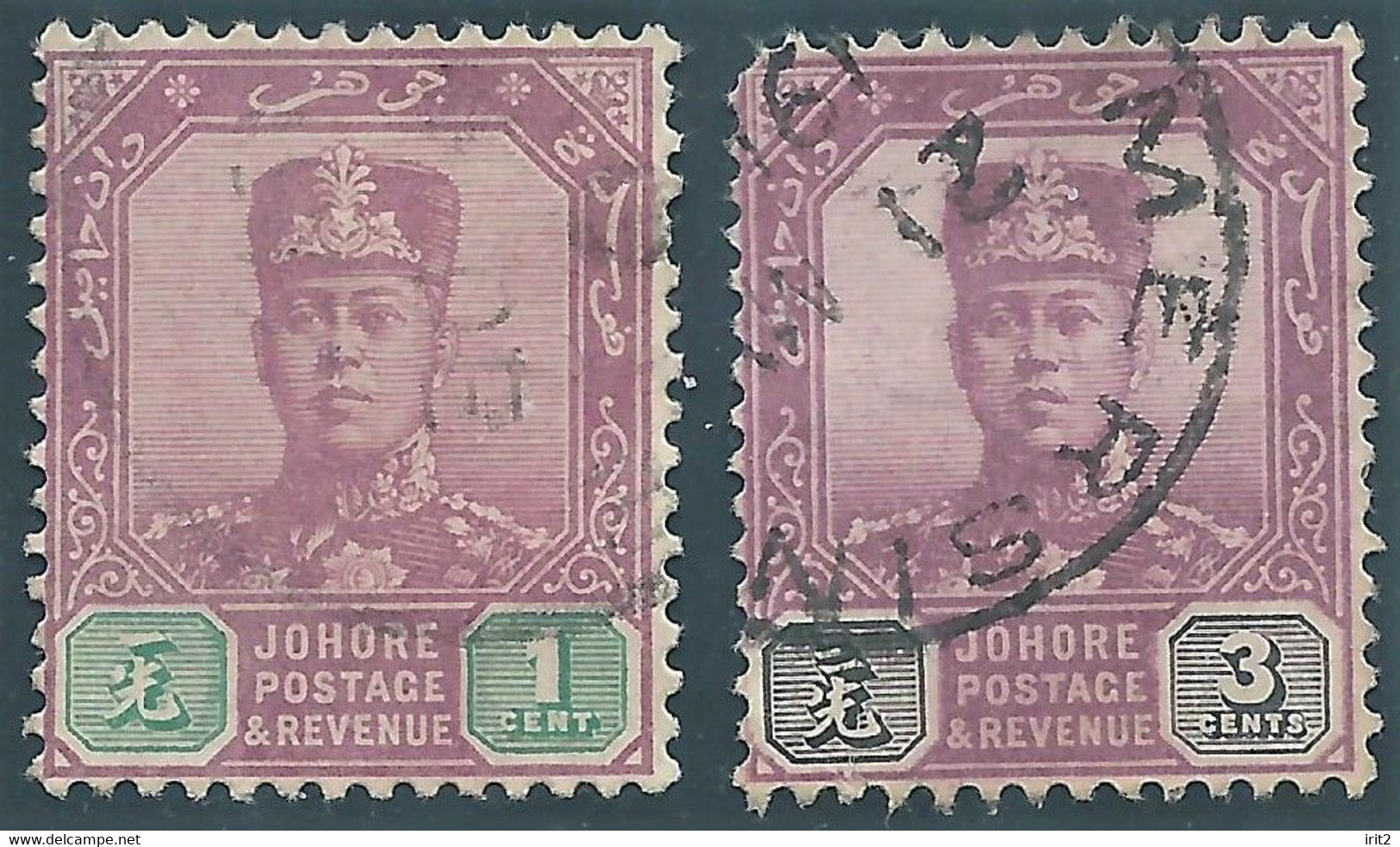 JOHORE - Malesia Malaysia,1904-1908 Sultan Ibrahim, Johore Postage & Revenue 1C & 3C-obliterated - Johore