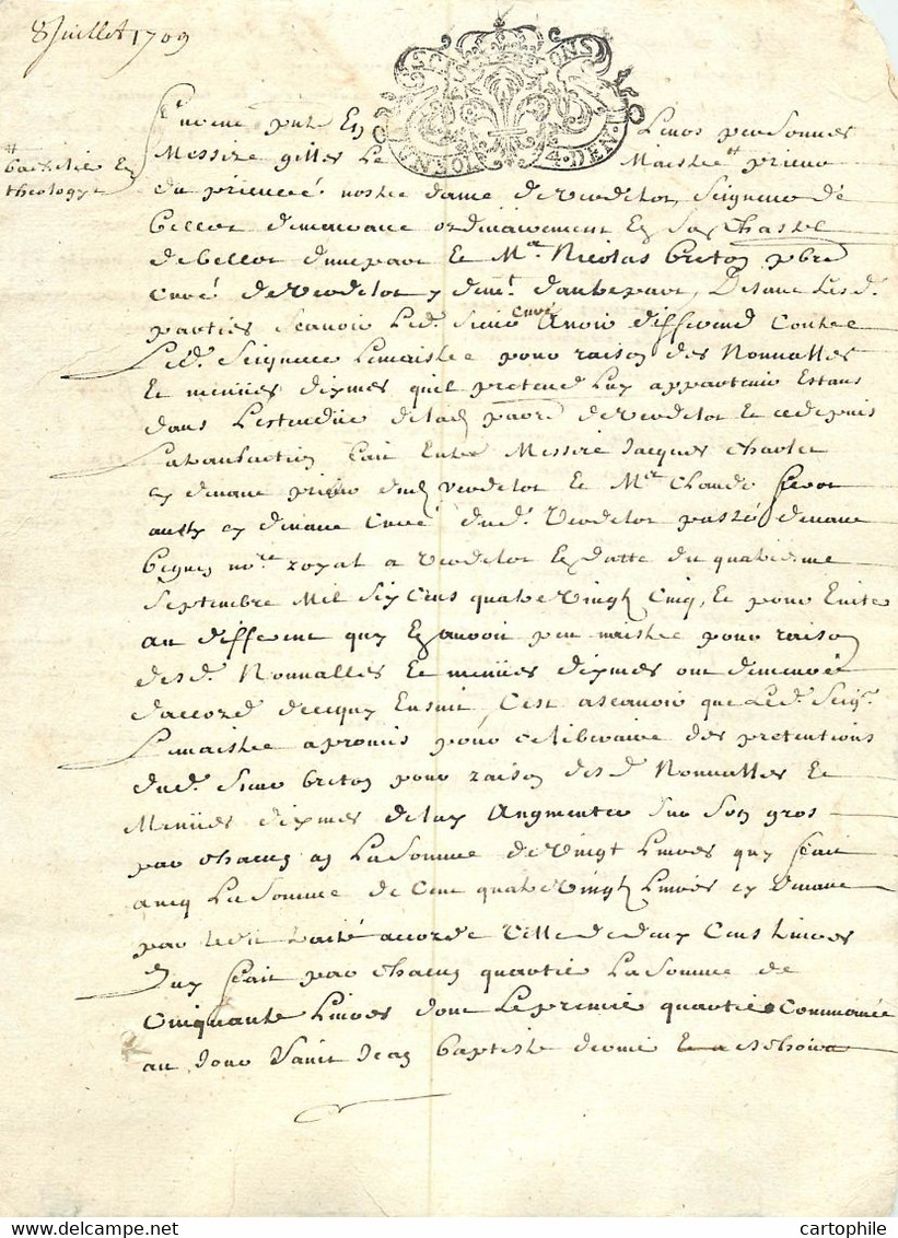 Acte De 1709 - Procès Entre Seigneur De Bellot, Prieur De Verdelot, Et Messire Nicolas Breton, Prêtre De Verdelot Dîmes - Manuscrits