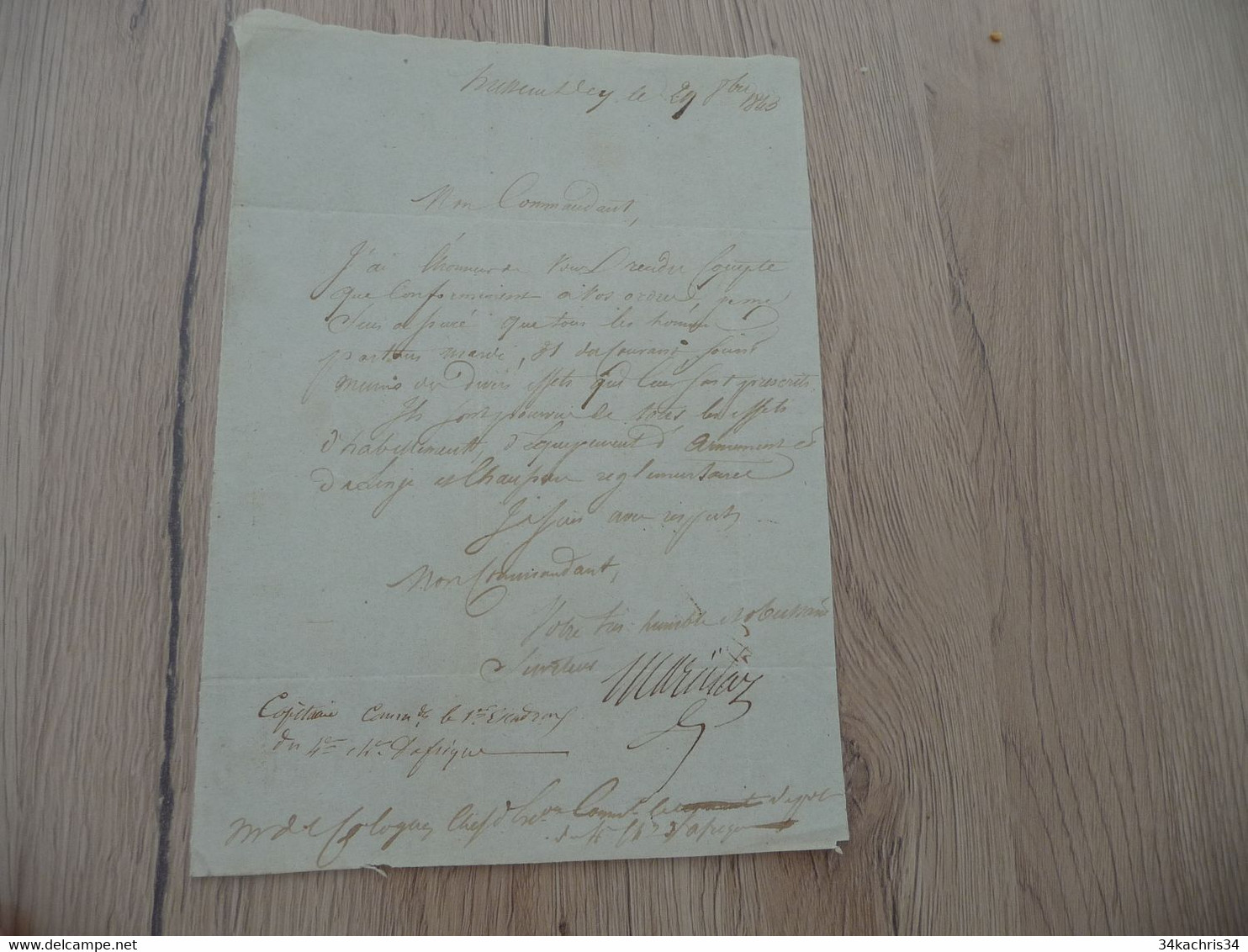 Militaria Hussein Bex Algérie LAS Autographe 29/10/1843 Du Capitaine Commandant 1er Escadron Du 4 è Et 9è D'Afrique - Documenten