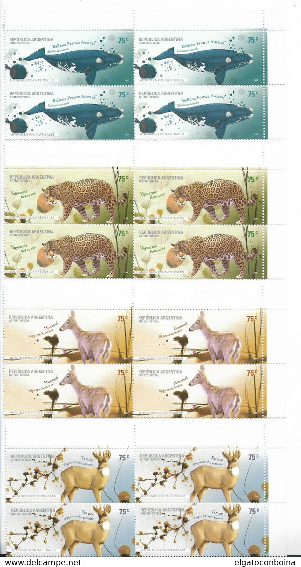 ARGENTINA 2006 NATIONAL PARK (VIII) PROTECTED FAUNA WHALES HUEMUL TARUCA YAGUARETE SET OF 4 IN BLOCKS MNH - Neufs