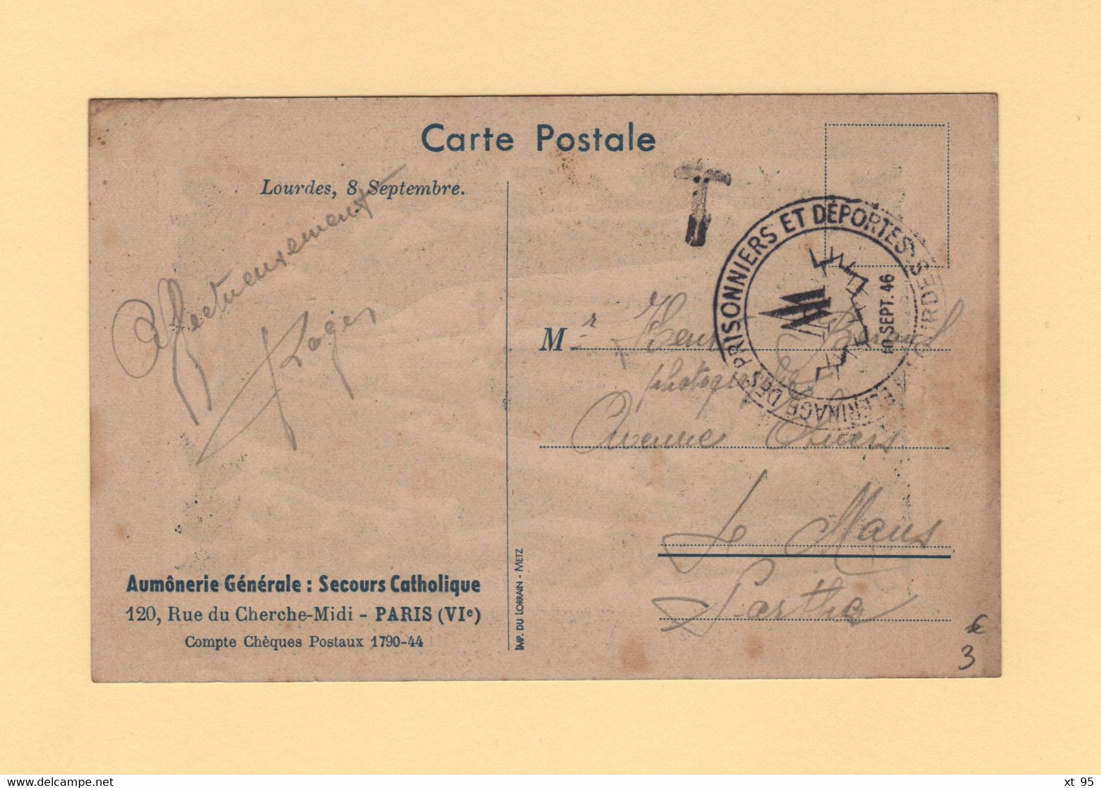 Pelerinage Des Prisonniers Et Deportes - Lourdes - 10 Sept 1946 - Carte Non Affranchie Taxee - Guerra Del 1939-45