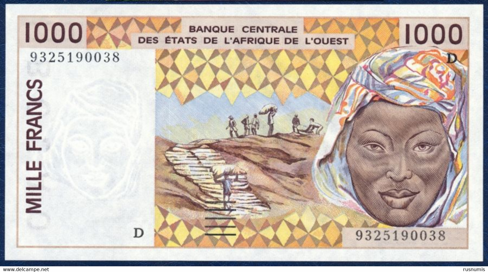 WEST AFRICAN STATES Afrique De L'Ouest - MALI 1000 FRANCS P-411Dc Peanuts Hauling Woman River Houses 1993 UNC - Malí