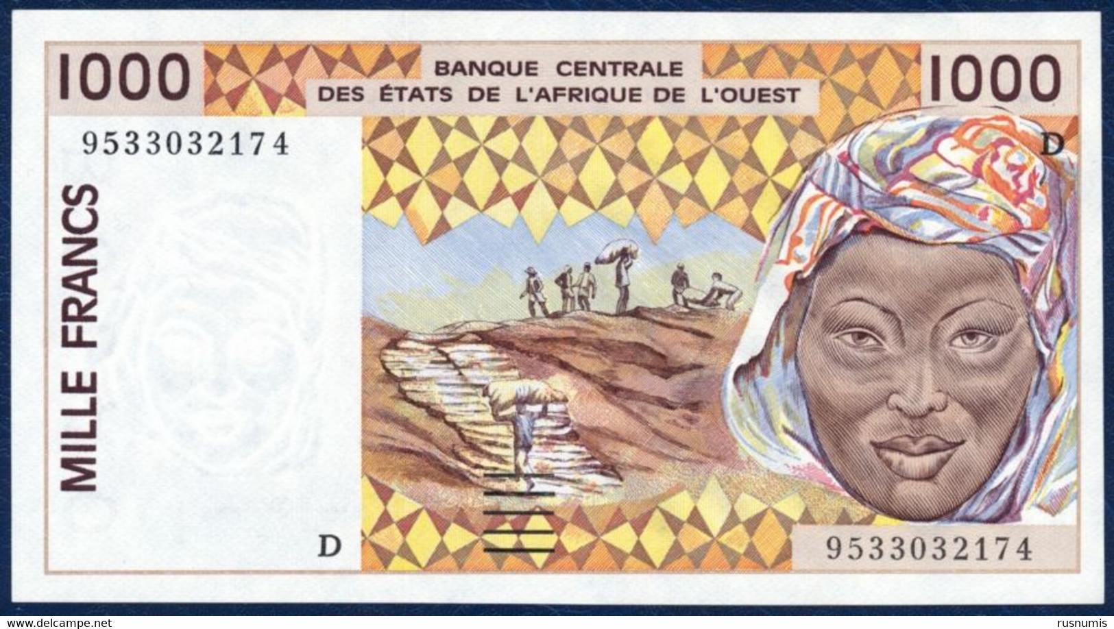 WEST AFRICAN STATES Afrique De L'Ouest - MALI 1000 FRANCS P- 411De Peanuts Hauling Woman River Houses 1995 UNC - Malí