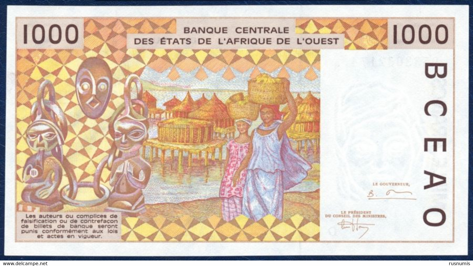 WEST AFRICAN STATES Afrique De L'Ouest - MALI 1000 FRANCS P- 411De Peanuts Hauling Woman River Houses 1995 UNC - Malí