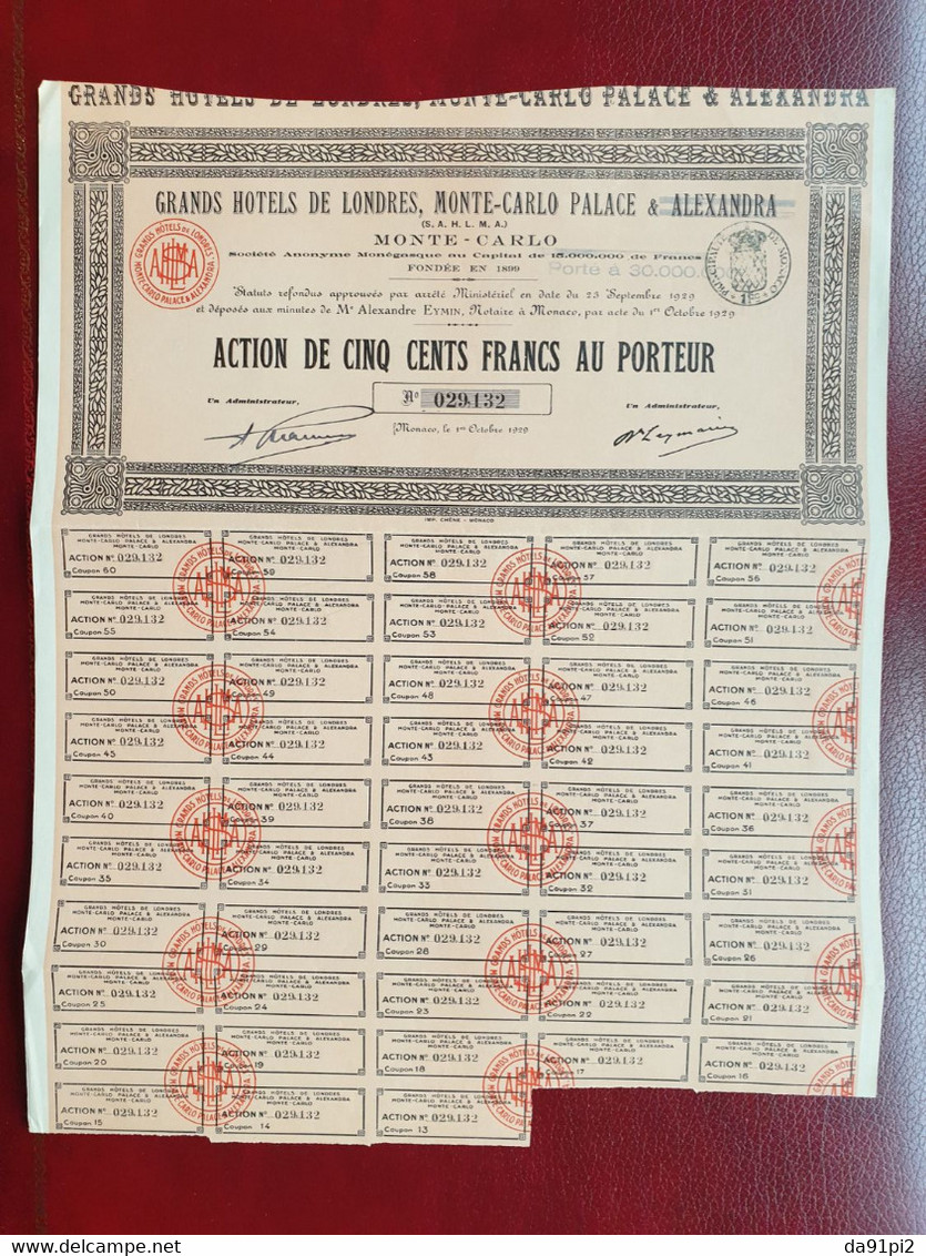 Rare Action Monégasque 500 Francs Monaco Monte Carlo Londres Grands Hotels 1929 - Tourismus