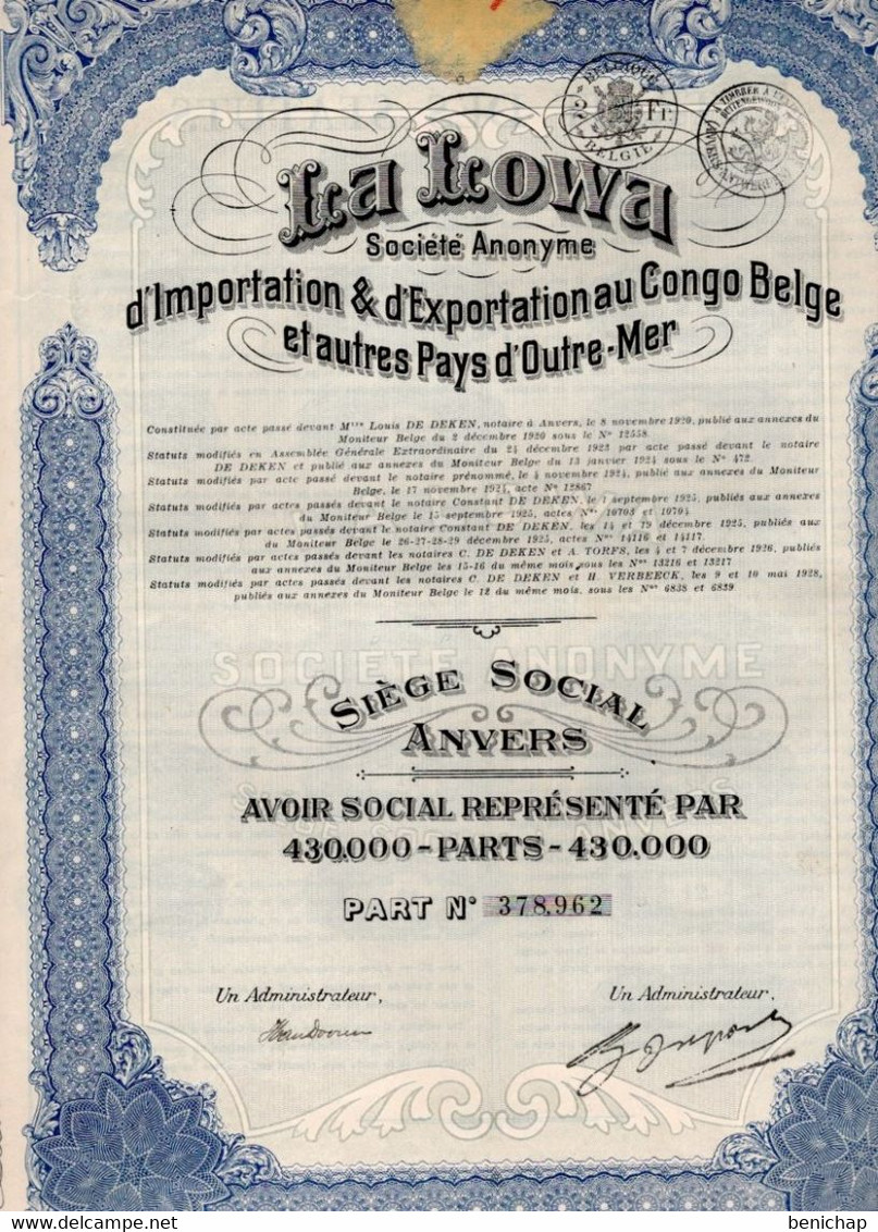 Avoir Social Représenté Par 430.000 Parts - La Lowa S.a. - Importation & Exportation Au Congo Belge - Anvers 1928. - Afrique