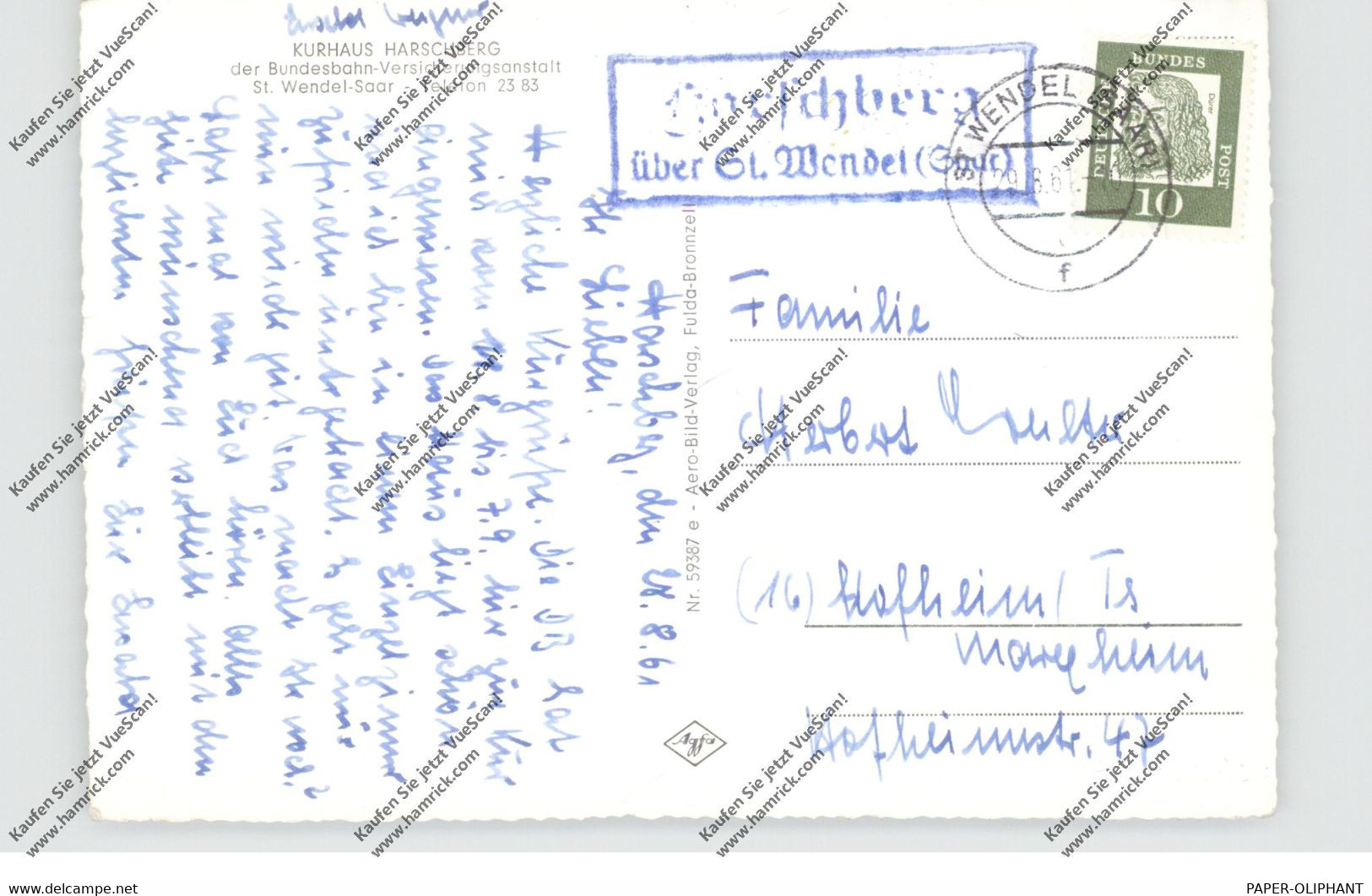 6690 SANKT WENDEL, Kurhaus Harschberg, Landpoststempel, 1961 - Kreis Sankt Wendel