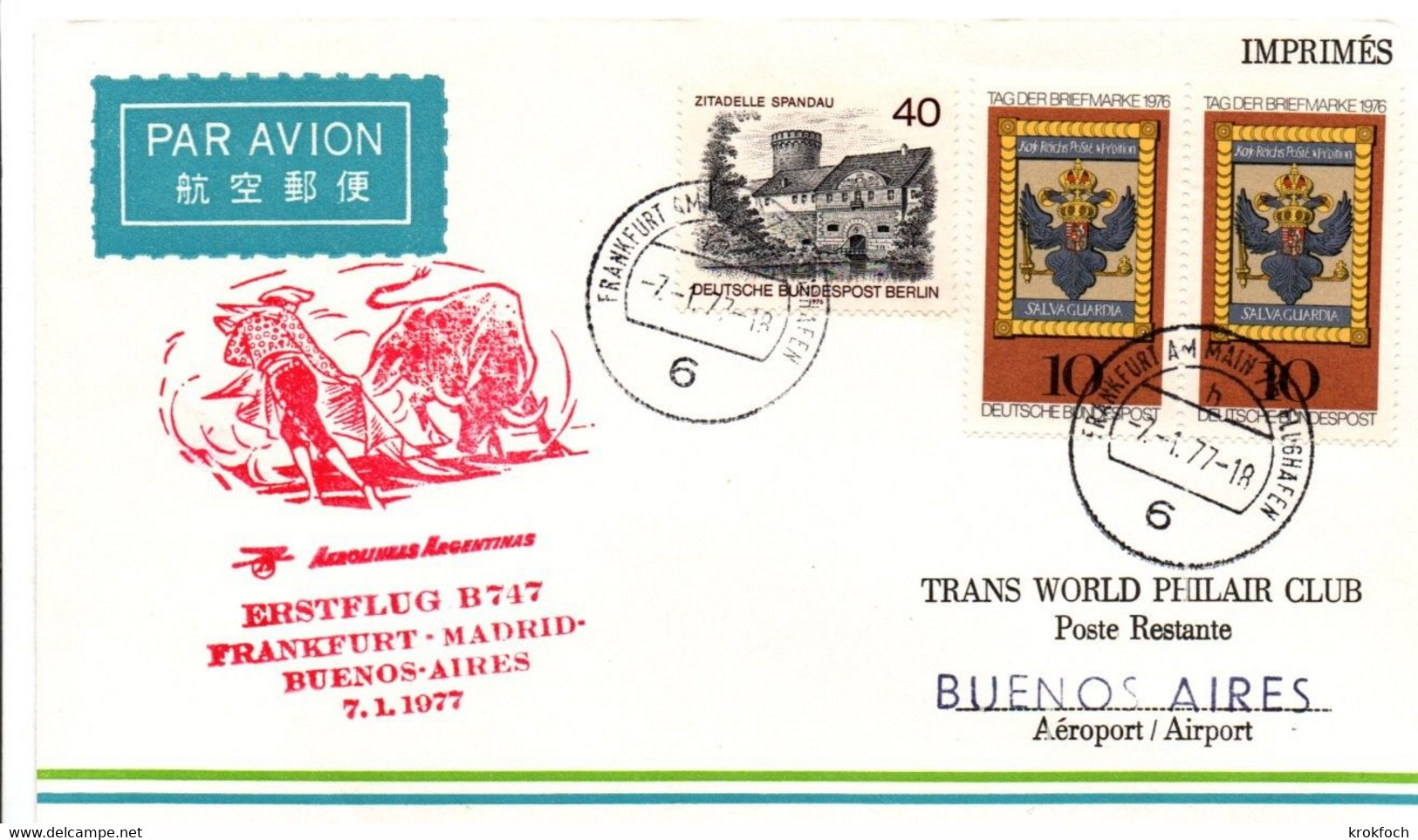 Frankfurt Madrid Buenos Aires 1977 - Inaugural Flight 1er Vol Erstflug Primo Volo - Aerolineas Argentinas AA - Corrida - Macchine Per Obliterare (EMA)