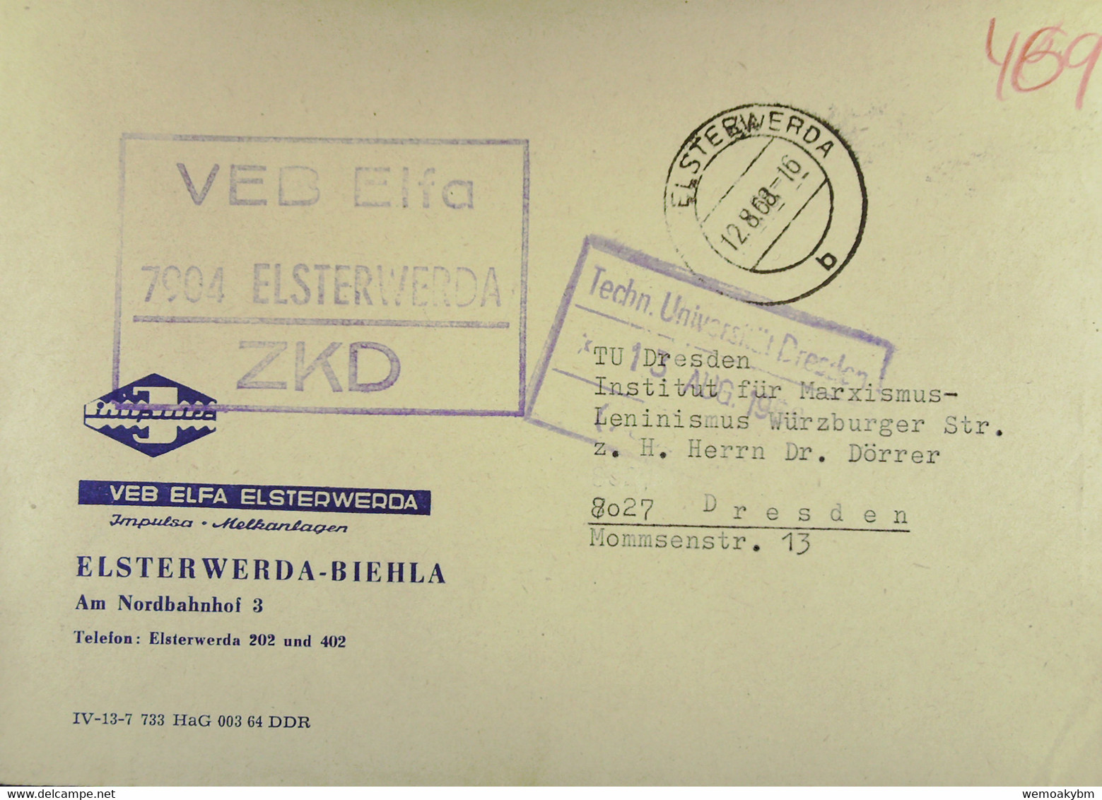 Fern-Brf Mit ZKD-Kastenst. "VEB Elfa 7904 ELSTERWERDA" 12.8.68 An TU-Dresden Institut Marxismus-Leninismus - Brieven En Documenten