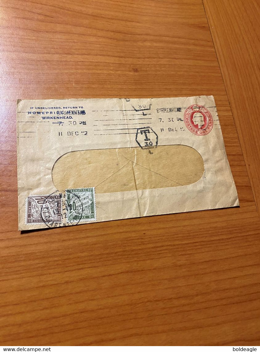 Entier Postal De  BIRKENHEAD  Pour La ROCHELLE 1912- Timbres Taxe à Percevoir ( Voir Scan ) - Cartes/Enveloppes Réponse T