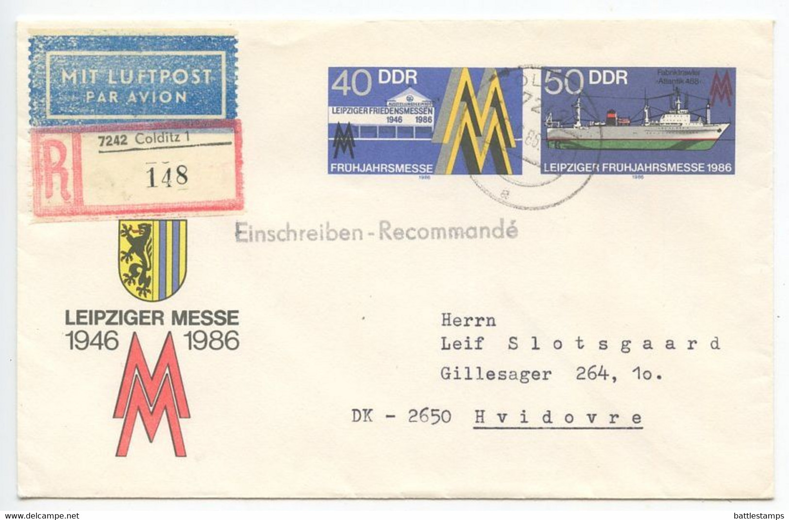 Germany, East DDR 1986 Registered Postal Envelope Colditz To Hvidovre Denmark - Covers - Used