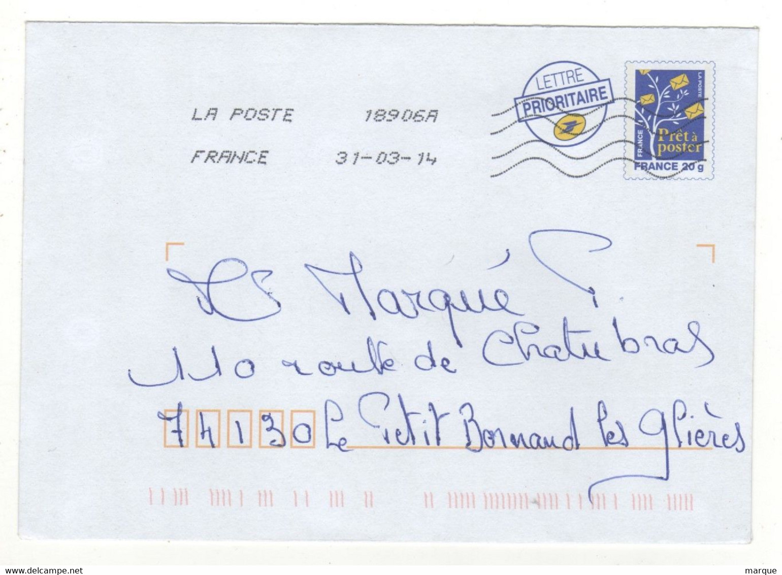 Enveloppe Prêt à Poster FRANCE 20g Oblitération LA POSTE 18906A 31/03/2014 - PAP: Ristampa/Logo Bleu