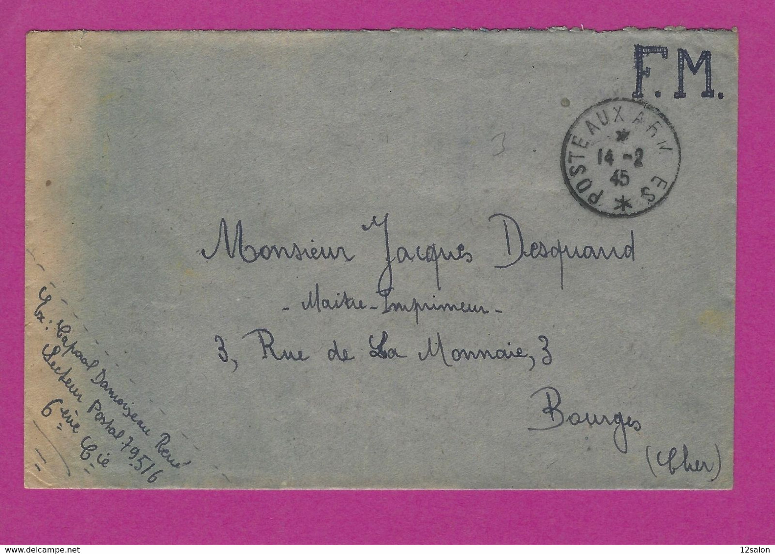 LETTRE FRANCHISE MILITAIRE POSTE AUX ARMEE 1945 - Guerre De 1939-45