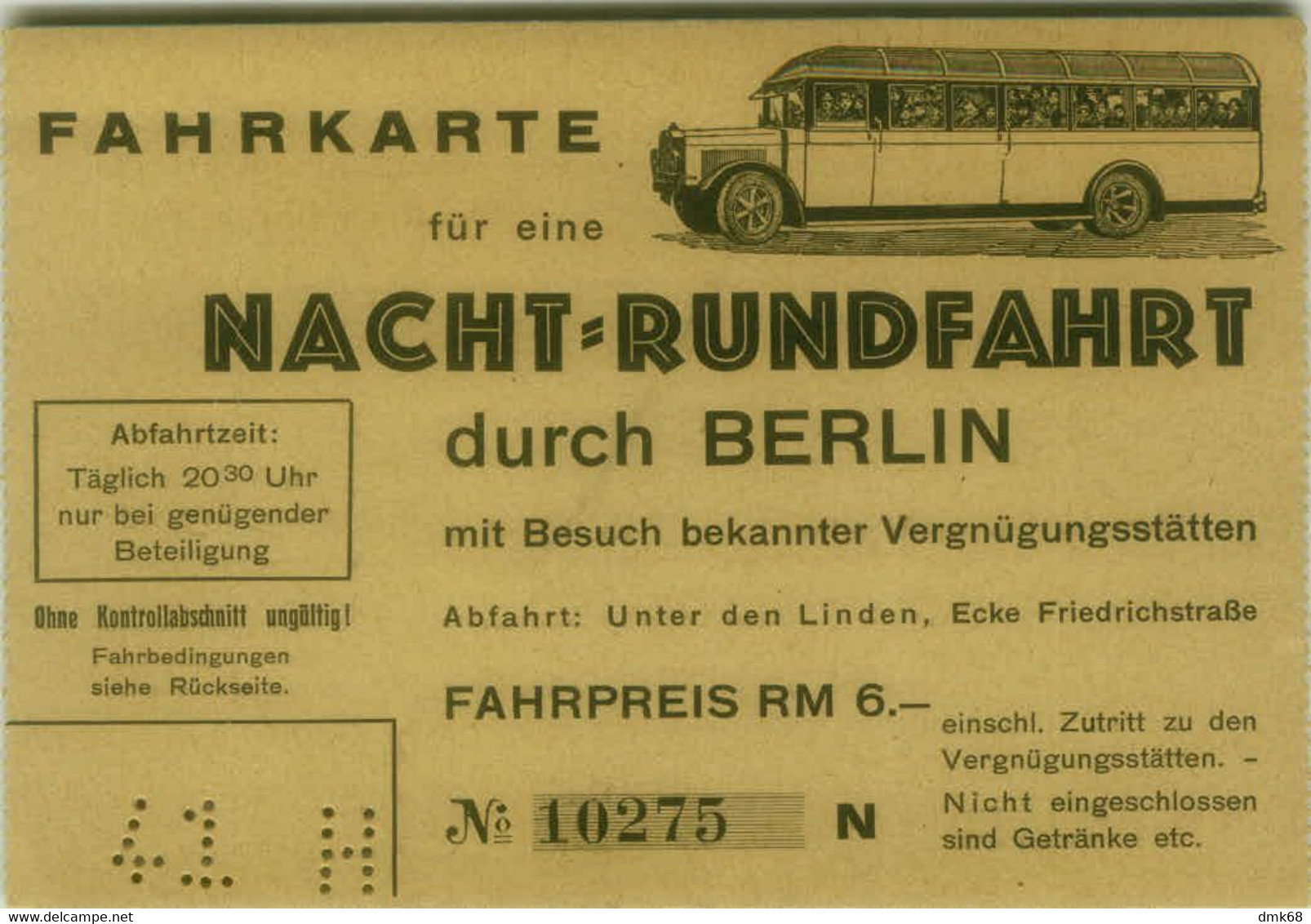 GERMANY - OLD BUS TICKET / FAHRKARTE FÜR EINE NACHT RUNDFAHRT DURCH BERLIN  ( BG10128) - Europa