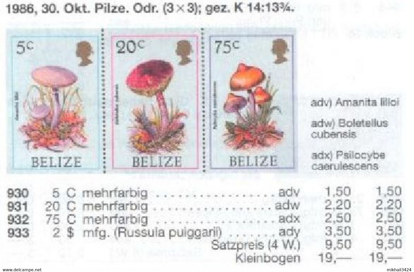 M3526 ✅ ﻿Flora Mushrooms  Fungi Audubon Nature Protection 1986 Belize Sheet 2 Sets MNH ** 19ME - Funghi