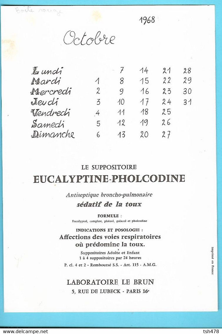 CALENDRIER-eucalyptique-pholcodine---Laboratoire LE BRUN-illustration JEAN BELLUS--octobre 1968--voir 2 Scans - Grand Format : 1961-70