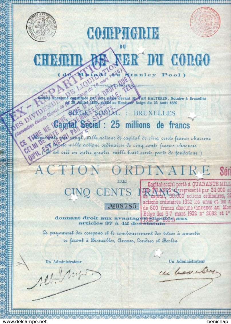 Action Ordinaire De 500 Francs - Compagnie Du Chemin De Fer Du Congo De Matadi Au Stanley Pool - Bruxelles 1889. - Afrique