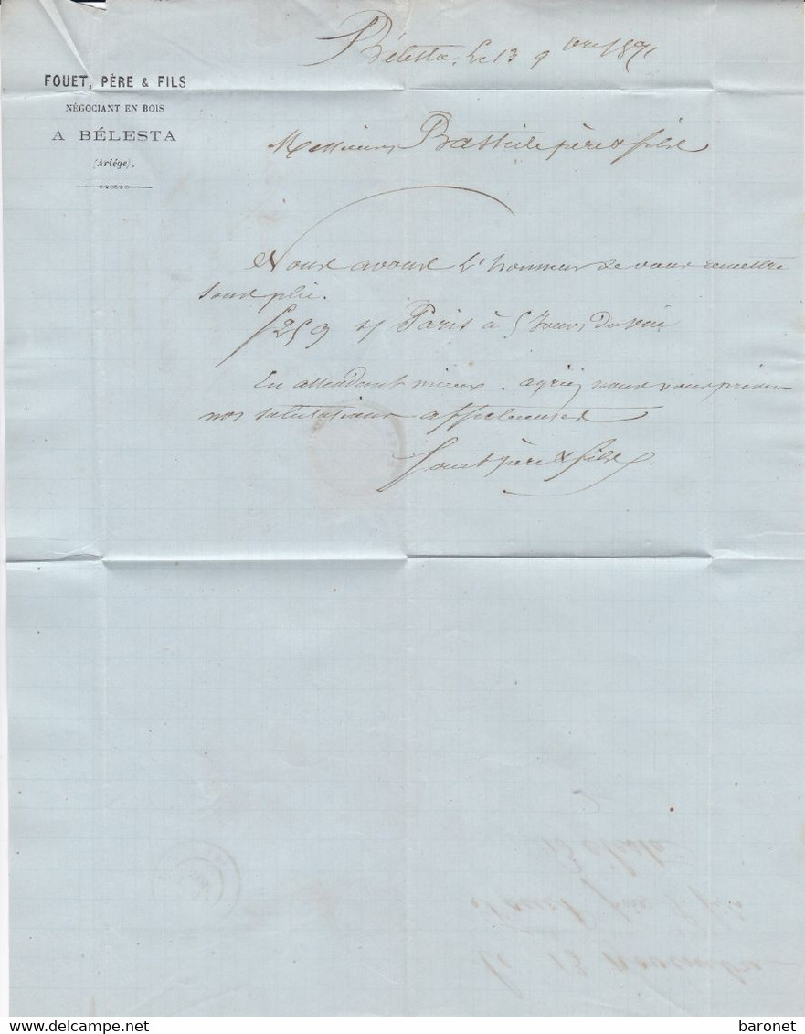 N° 59 S / L Avec Texte T.P. Ob T 24 BELESTA 12 Nov 71 Pour Lavelanet - 1871-1875 Cérès