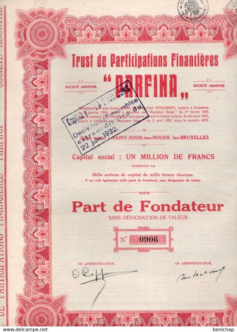 Part De Fondateur - Trust De Participation Financières " PARFINA" - Saint-Josse-ten-Noode Lez Bruxelles  1931 - Banque & Assurance